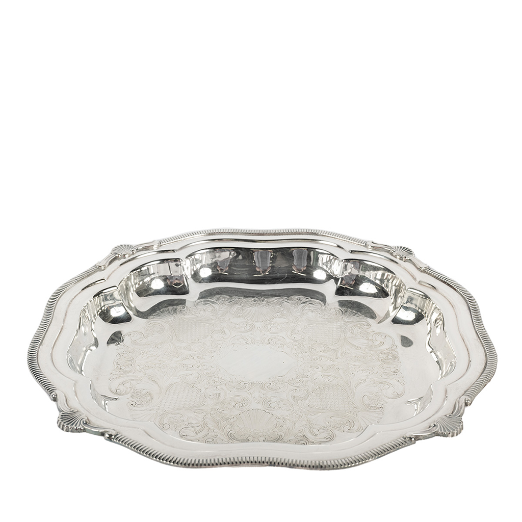 Silver Tray with ridged sides and intricate etching in the center