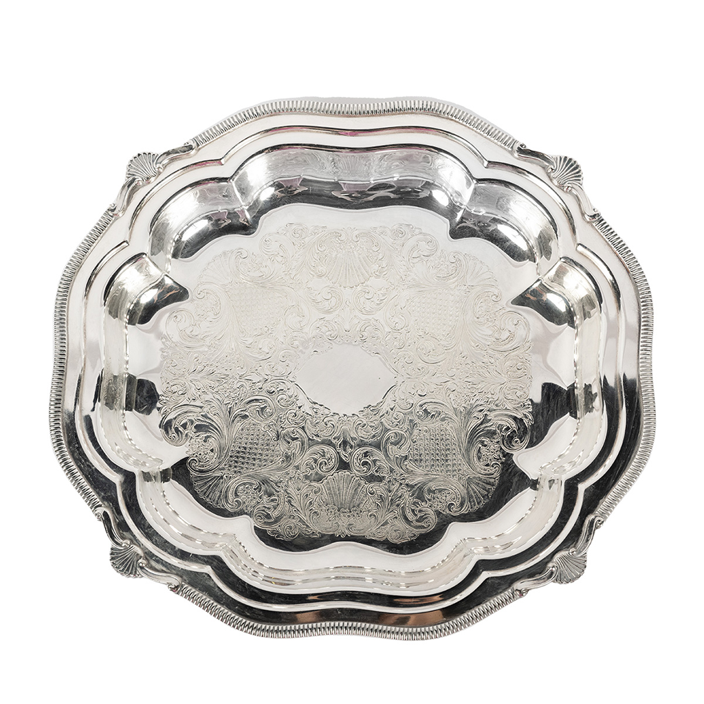 Top view of Silver Tray with ridged sides and intricate etching in the center