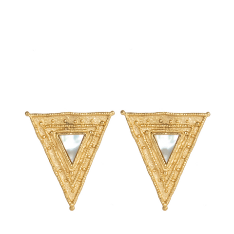 a pair of gold triangular earrings with a mother of pearl triangular inlay