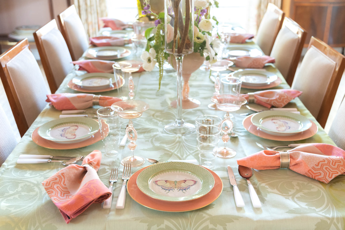 Full view of tablescape display with Mottahedeh Lace Butterfly Accent Plate in Green Apple