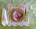Richard Ginori Porpora Dessert Plate stacked on Lexington dinner plate on top of pink bird of paradise placemat
