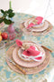 Pomegranate Tree Dinner Plate, Pink, with hibiscus pink scalloped napkins on top with orchid napkin ring