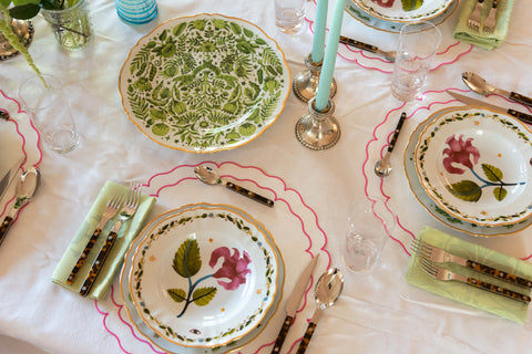 Little Green Gardens Platter styled on dining table with tablescape display