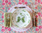 Aerial view of Little Green Gardens Dinner Plate styled on top of tablecloth with placemat, flatware and napkin
