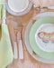 Sabre Paris Icone Flatware in White displayed with napkin, dessert plate, accent plate and dinner plate on top of tablecloth