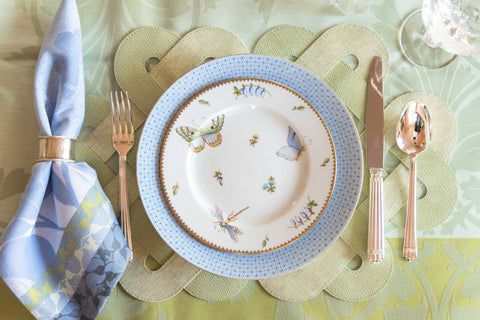Anna Weatherly Butterfly Meadow Salad Plate on top of dinner plate, placemat with flatware 