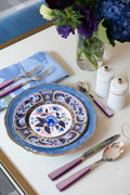 Side view of Royal Crown Derby Imari Accent Plate Blue Cameliasn with tablescape display
