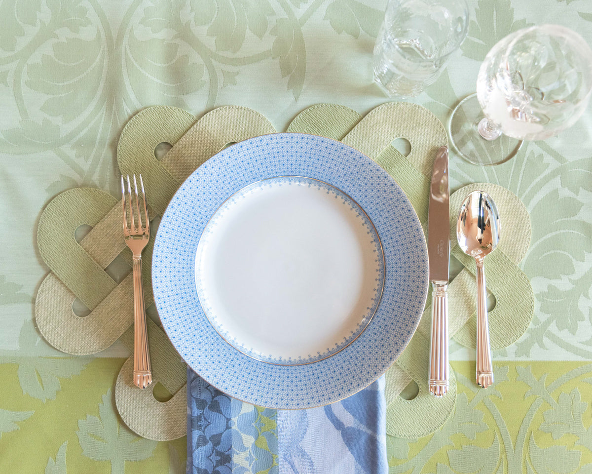 Mottahedeh Cornflower Lace Dinner Plate paired with napkin, placemat, tablecloth and flatware