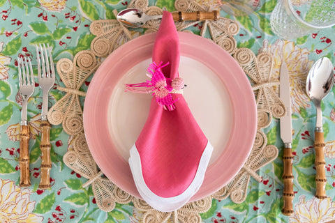 Scalloped Linen Napkin, Hibiscuis Pink styled with hummingbird napkin ring and bamboo flatware