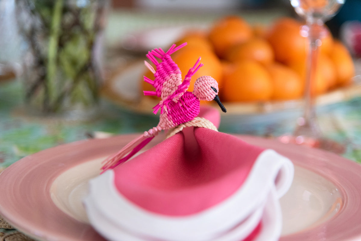 Woven Hummingbird Napkin Ring on napkin, detail shot