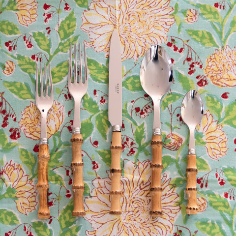 Sabre Paris Bamboo Flatware on tablecloth