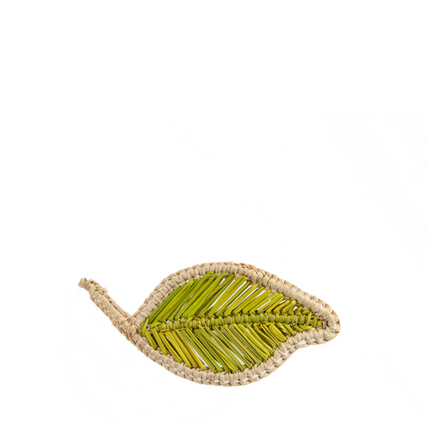 Woven Green and Natural Color Napkin Ring in the shape of a leaf 