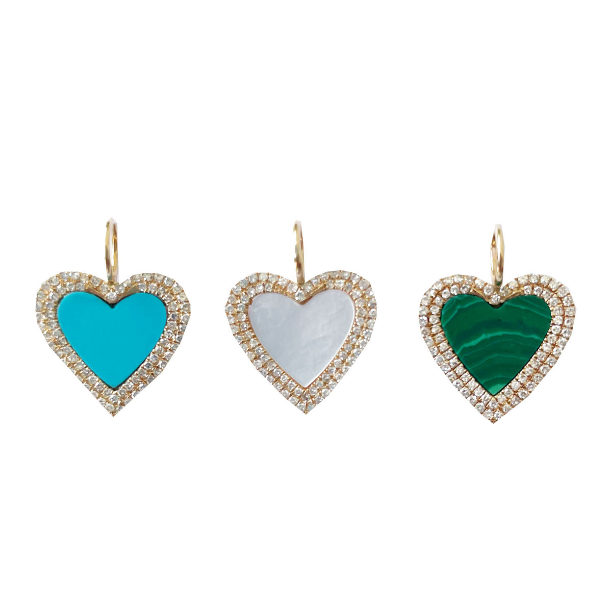 A Mother's Heart Charm, pictured in Malachite, turquoise, and mother of pearl