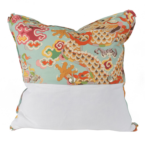 Back of pillow. Top half same print as front, bottom half white. mother of pearl buttons