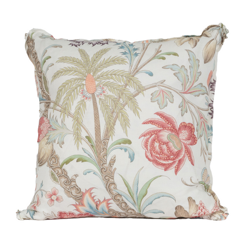 White background with palm tress and pink flowers. Front of pillow