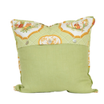 back of pillow. top half same print as front. 3 mother of pearl buttons. bottom half green linen