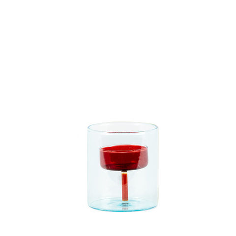 blue glass exterior with red glass tea candle holder