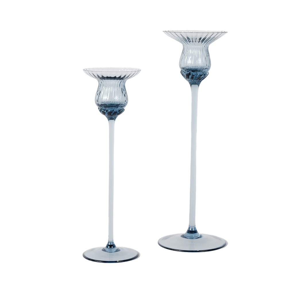 blue glass candlestick pair