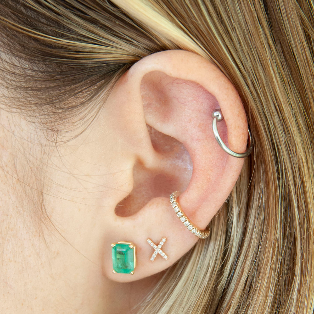 Model Wearing Emerald Cut Emerald Earrings