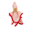 Pink linen napkin with red scalloped piping with gold flower napkin ring