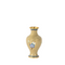 backside of cloisonné vase with small blue and white flower. Same gold print on background