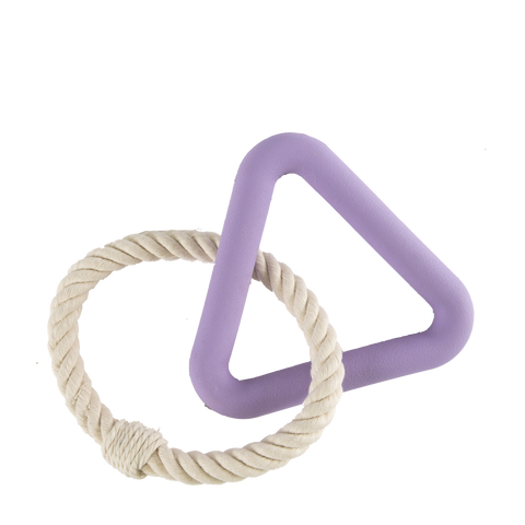 Purple triangle rubber dog toy with circle rope attached