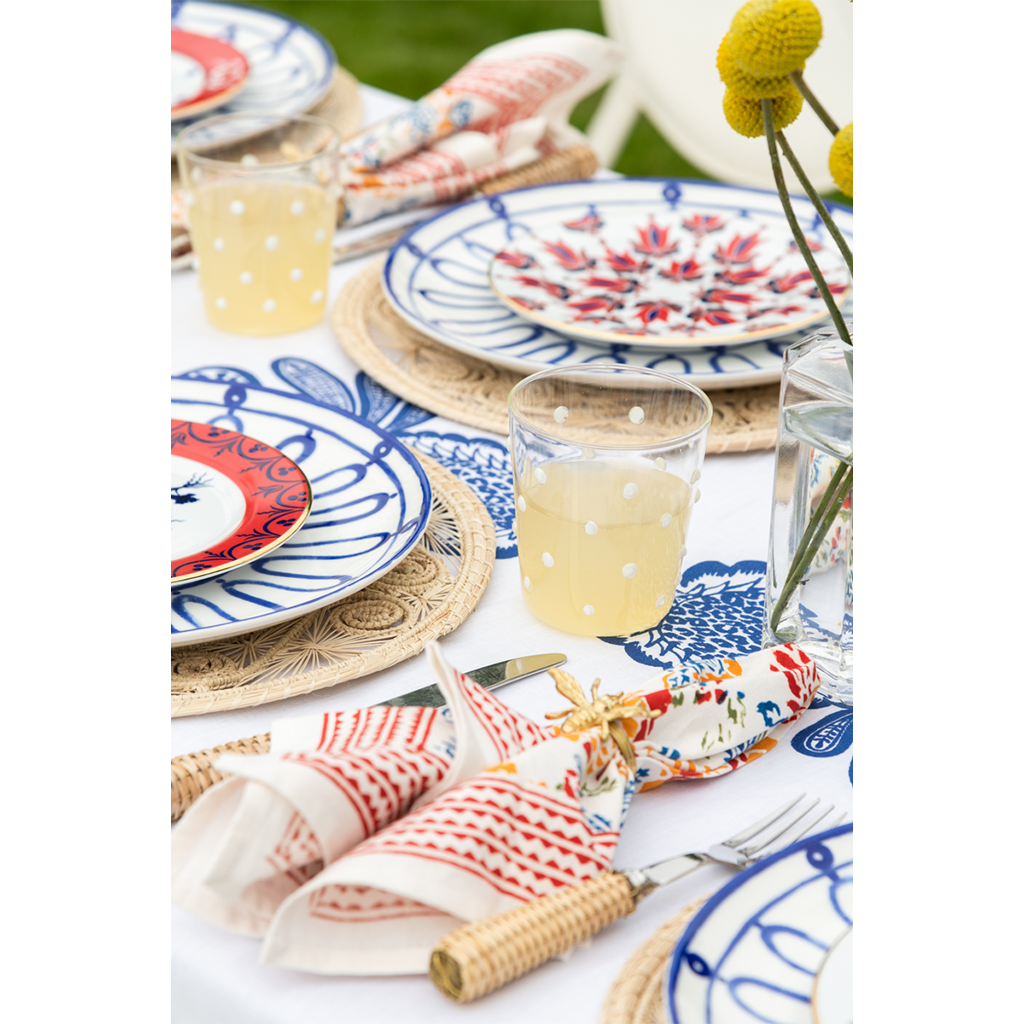 Dot Glass in White displayed on table with tablescape setting