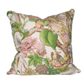 Pillow with white background and Tree branches, colorful birds, pink florals, and green leaves
