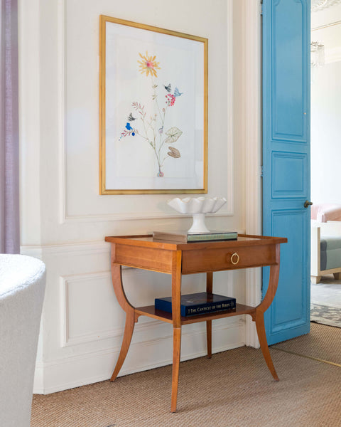 Blue Print Collection Estelle Side Table in living room with book and vase