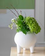 Footed Round Porcelain White Vase displayed on table with flowers