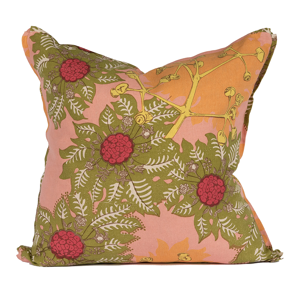 pink background with large green florals with yellow branches