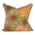 pink background with large green florals with yellow branches