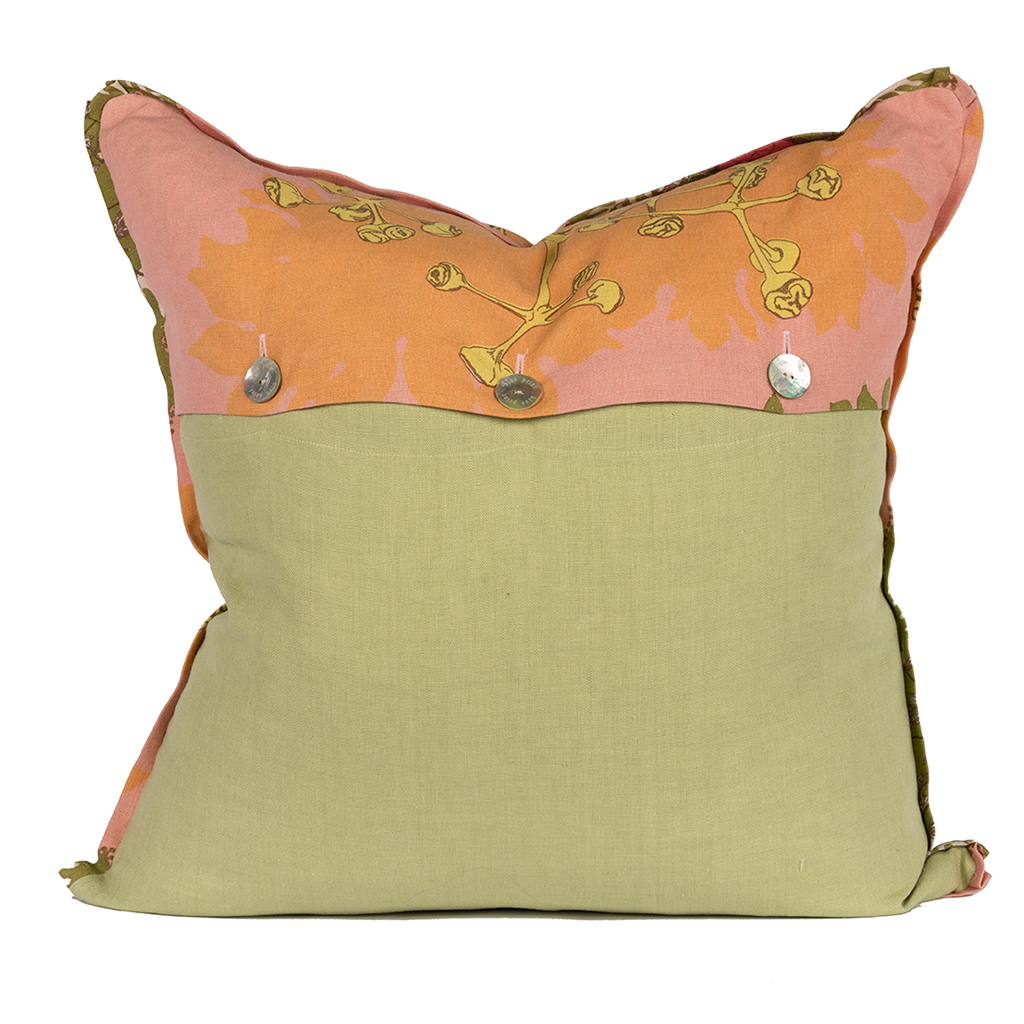 backside. top half same print as front. green linen on bottom half. 