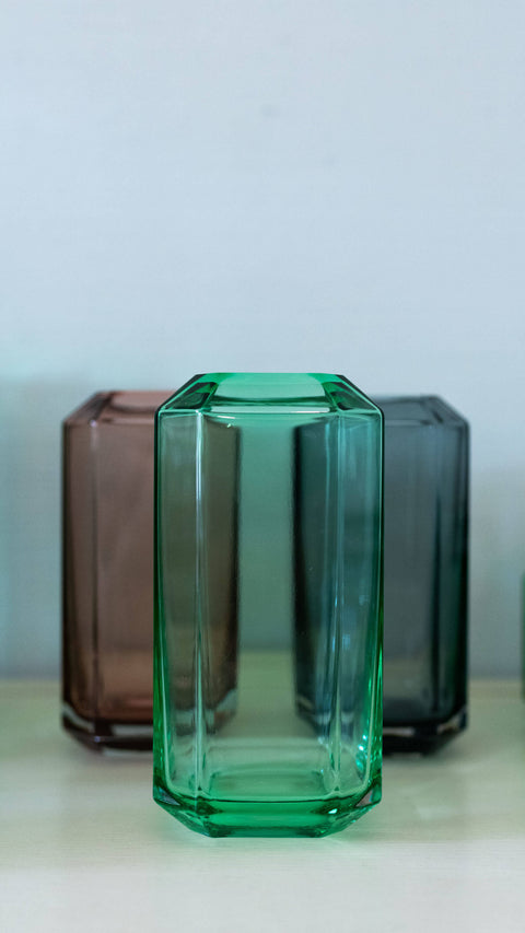 Small Faceted Vase in green, burgundy, and black