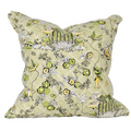 Green pillow with diamond design, green and yellow flower, green pagodas, and green and yellow people 