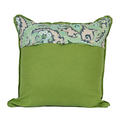 Backside of the pillow. top half same print as front. Bottom half bright green linen. Mother of pearl buttons