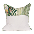 backside of pillow. Top half of pillow same print as front. Bottom half is white linen 