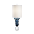 Wave/like blue crystal vase with white linen shade