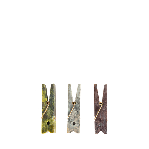 Green, grey, and brown stone clothespin pictured together