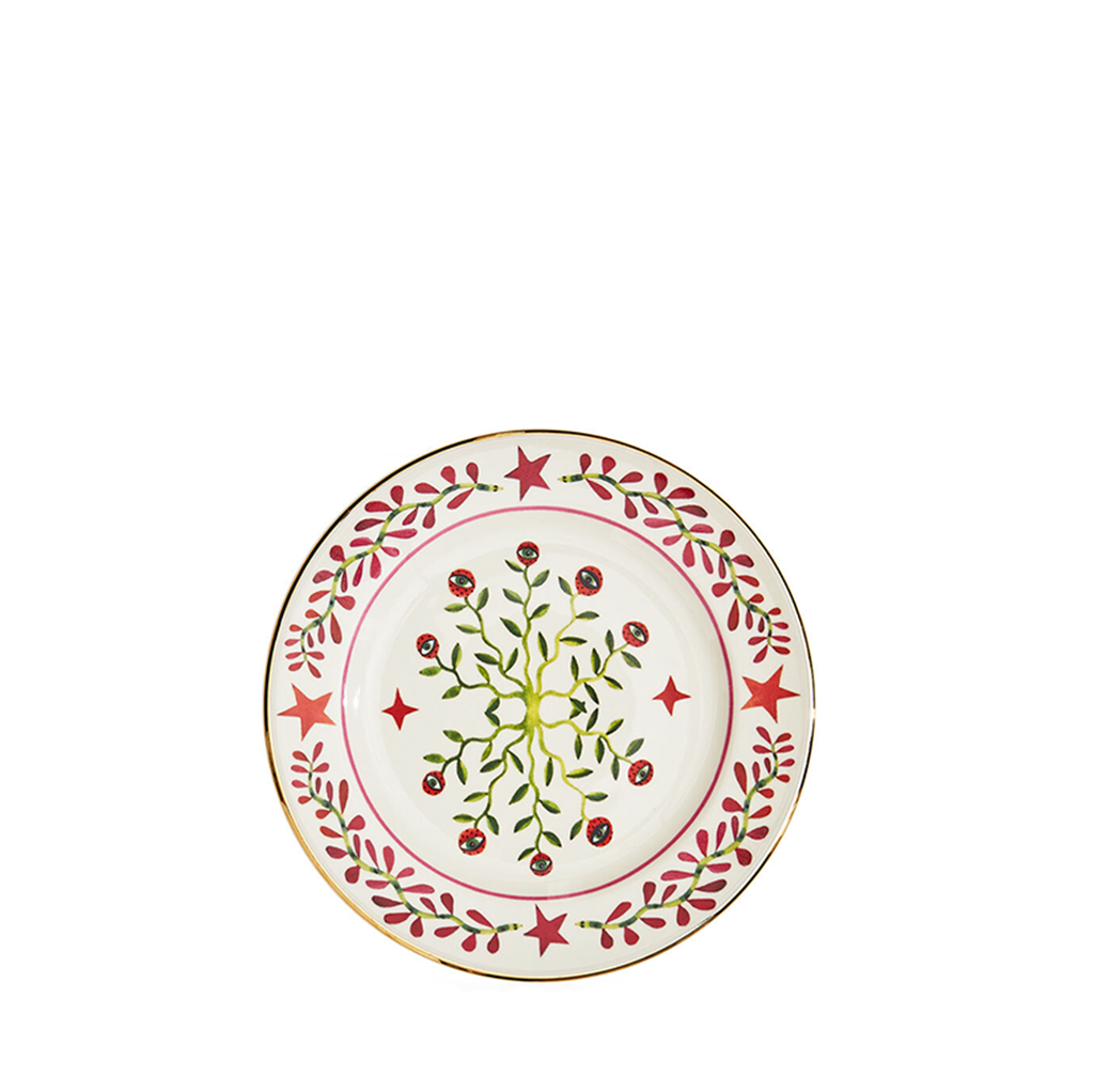 La Double J white Dessert Plate with vinery in the center with eyes at the end. Red floral and star design on perimeter 