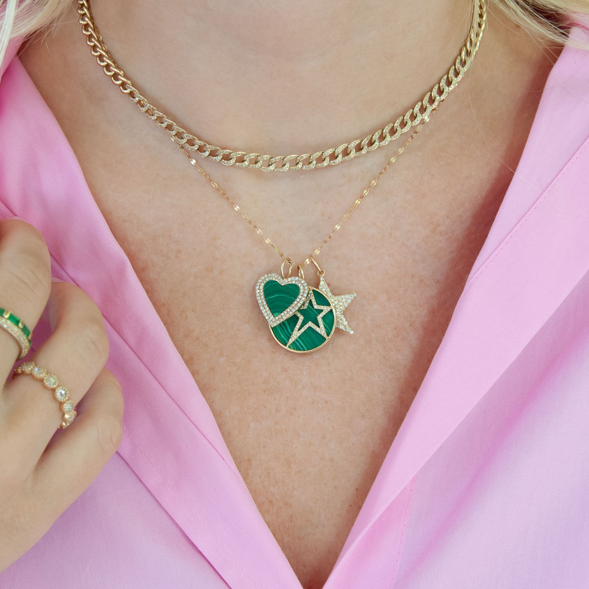 Model wearing A Mother's Heart Charm, Malachite,with diamond star charm