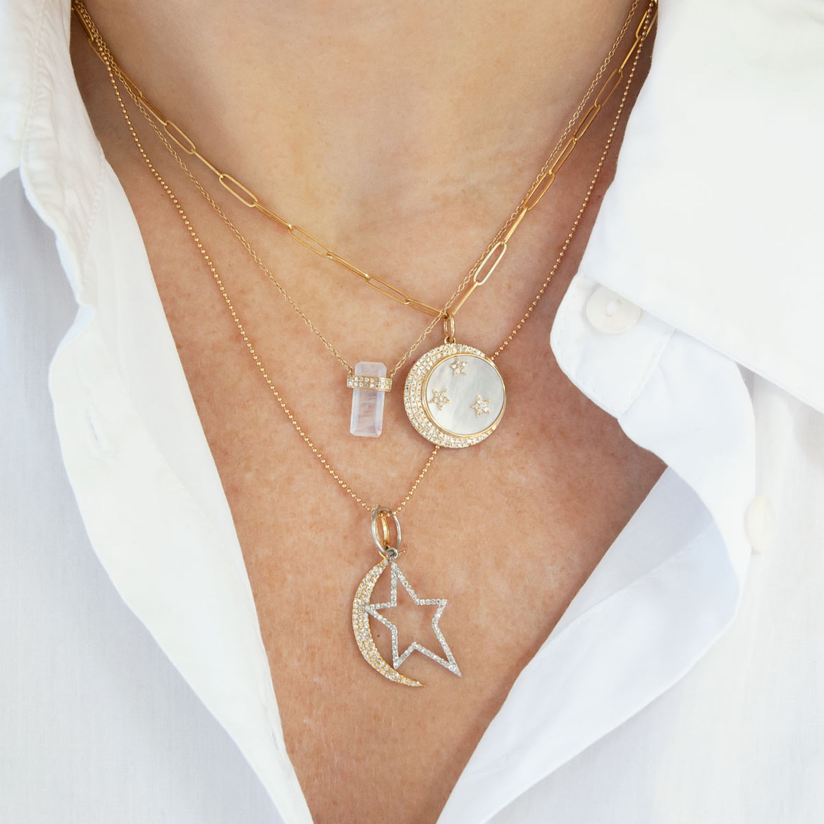 Shooting Star Charm, Yellow Gold on model with moon charm