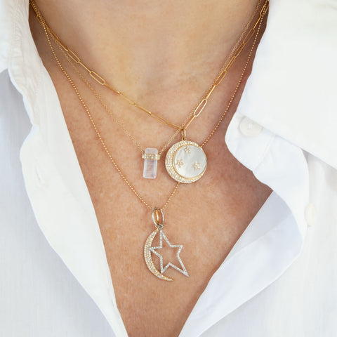 Model wearing Magical Moon Charm on necklace
