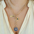 Round Diamond Connector on lariat chain with blue compass charm