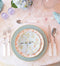 Raynaud Paradis Turquoise Bread and Butter Plate, paired with dessert plate, dining table, flatware and glassware on top of tablecloth