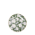 forest green plate with white/cream floral designs