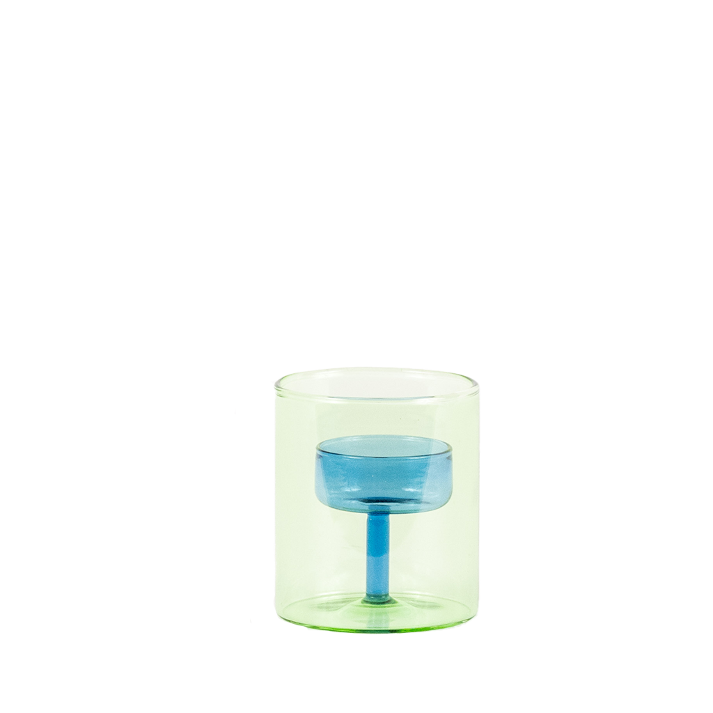 green glass exterior with blue glass interior tea candle holder