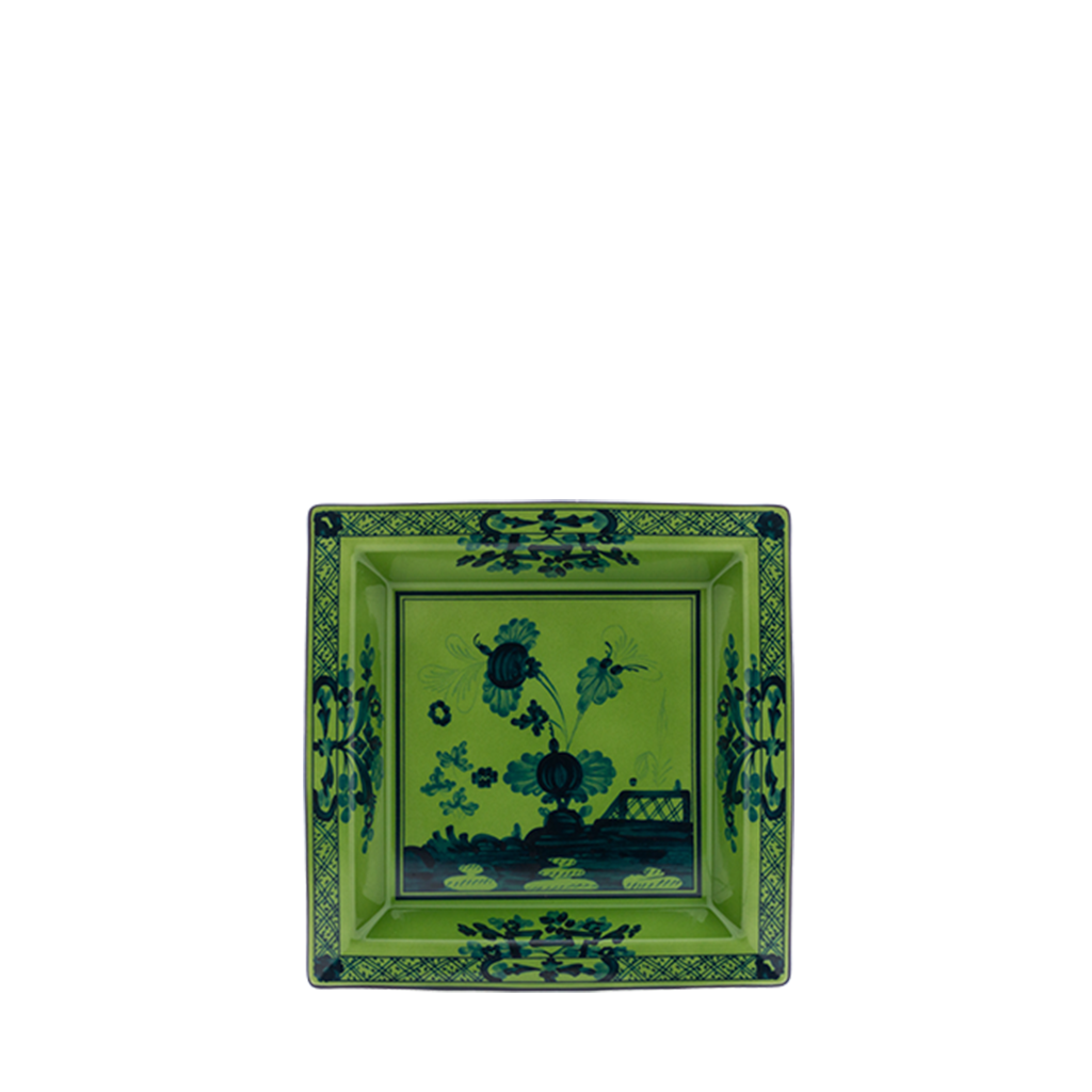 Green square catch all with navy toile painting