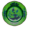 green plate with navy hand painted designs