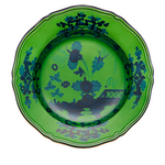 green plate with navy hand painted designs